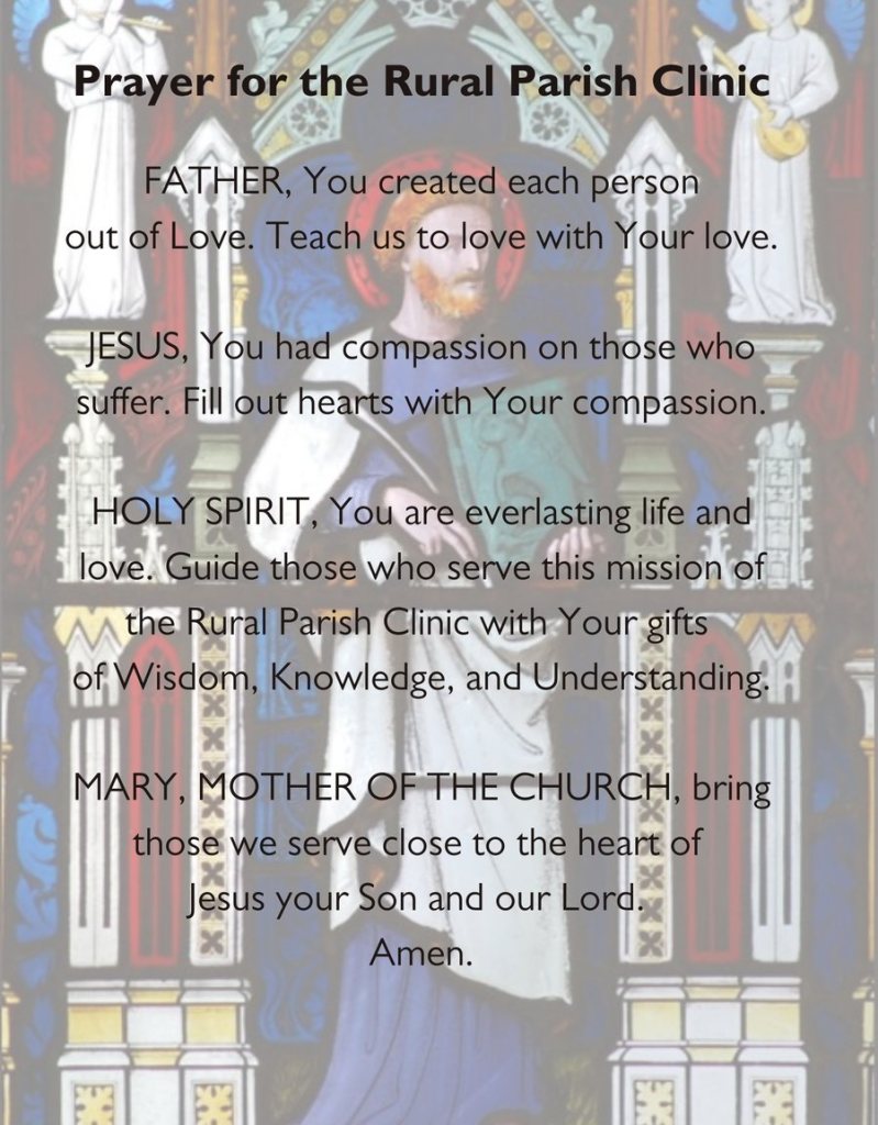A prayer card for the Rural Parish Clinic